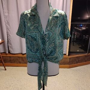 Elegant Teal Paisley Tie-Front Blouse